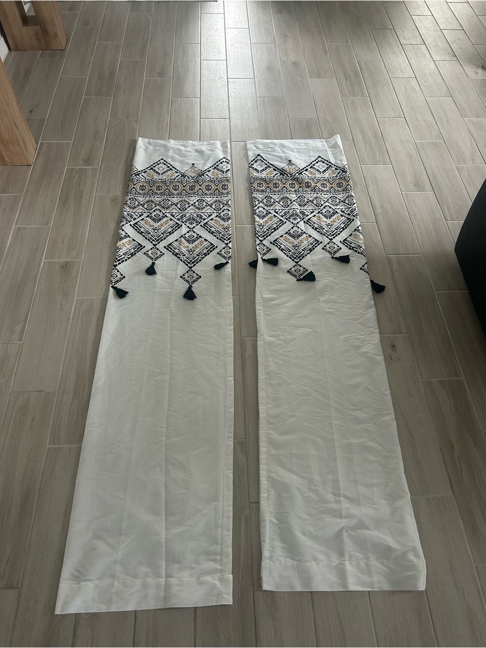 Rachel Zoe White Curtain Panels with Embroidered Geometric Pattern